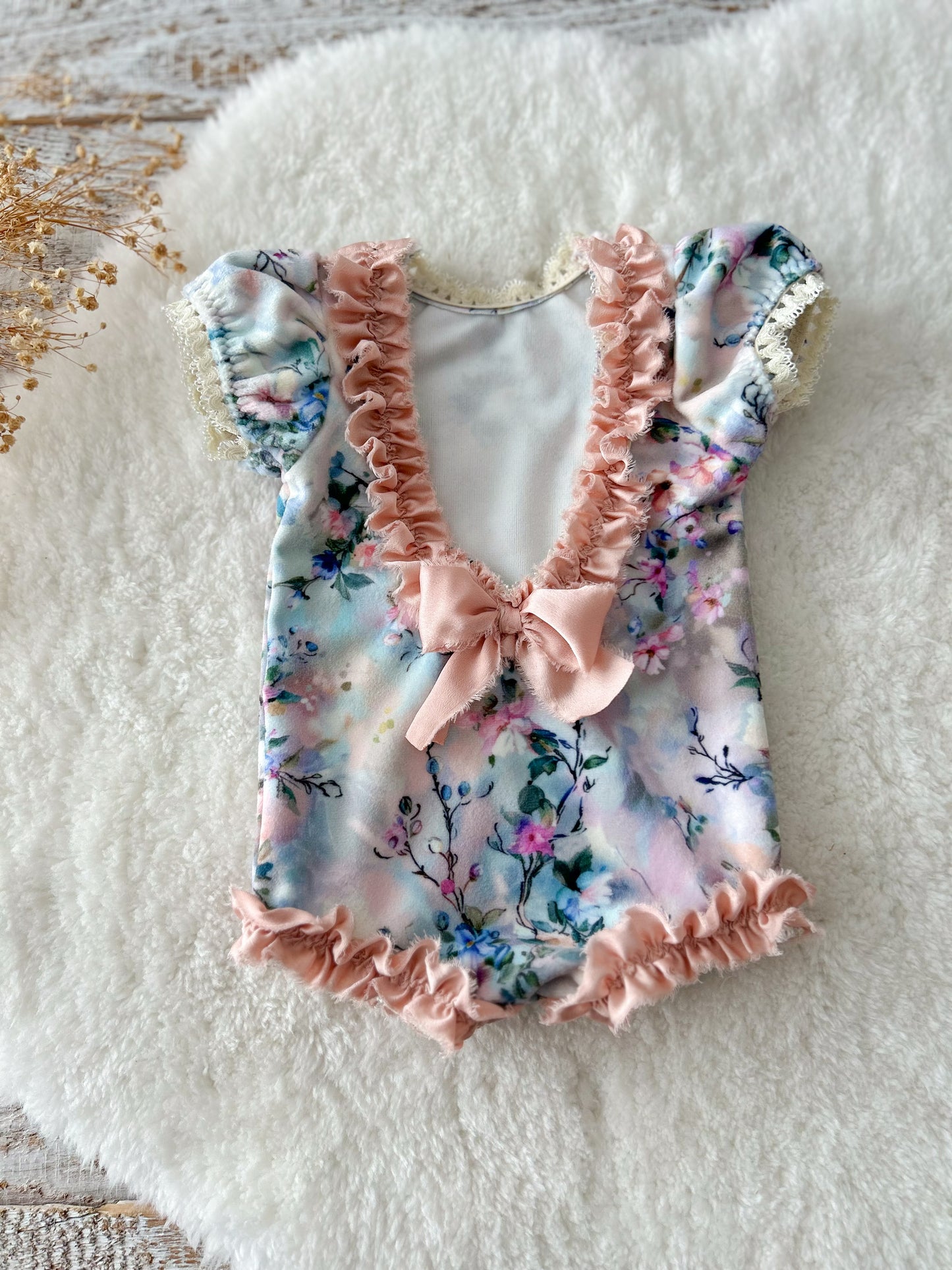 Floral Newborn Girl Romper – Ruffled Baby Photo Outfit with Bow | Choose Your Favorite Design at Checkout
