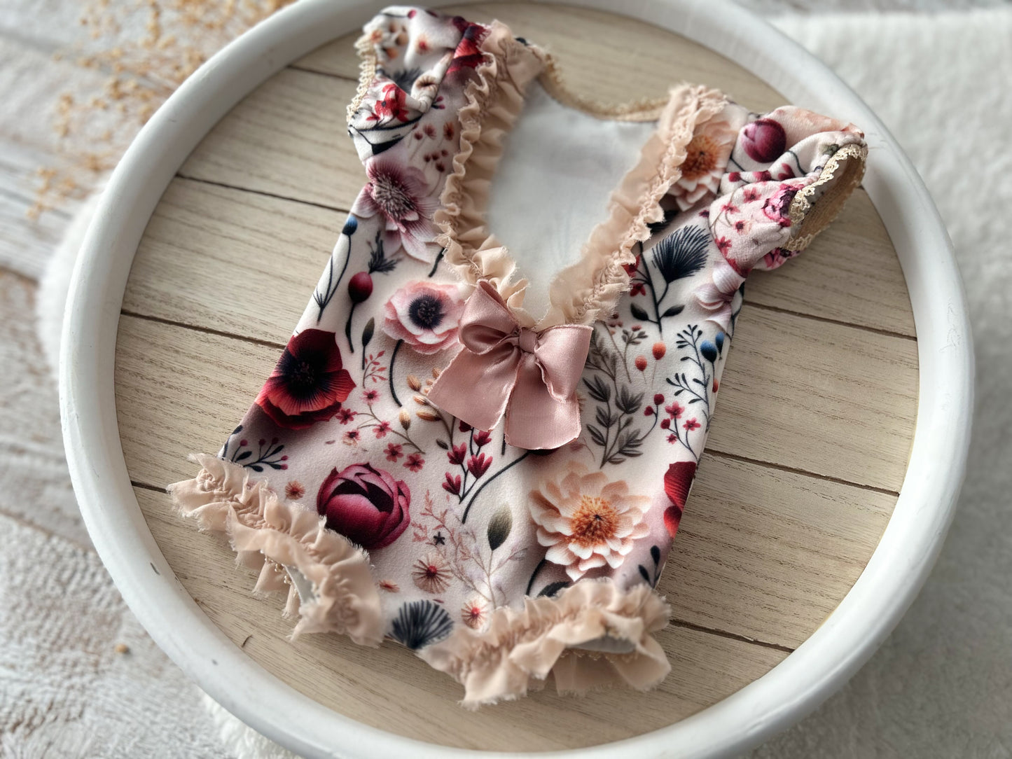 Floral Newborn Girl Romper – Ruffled Baby Photo Outfit with Bow | Choose Your Favorite Design at Checkout