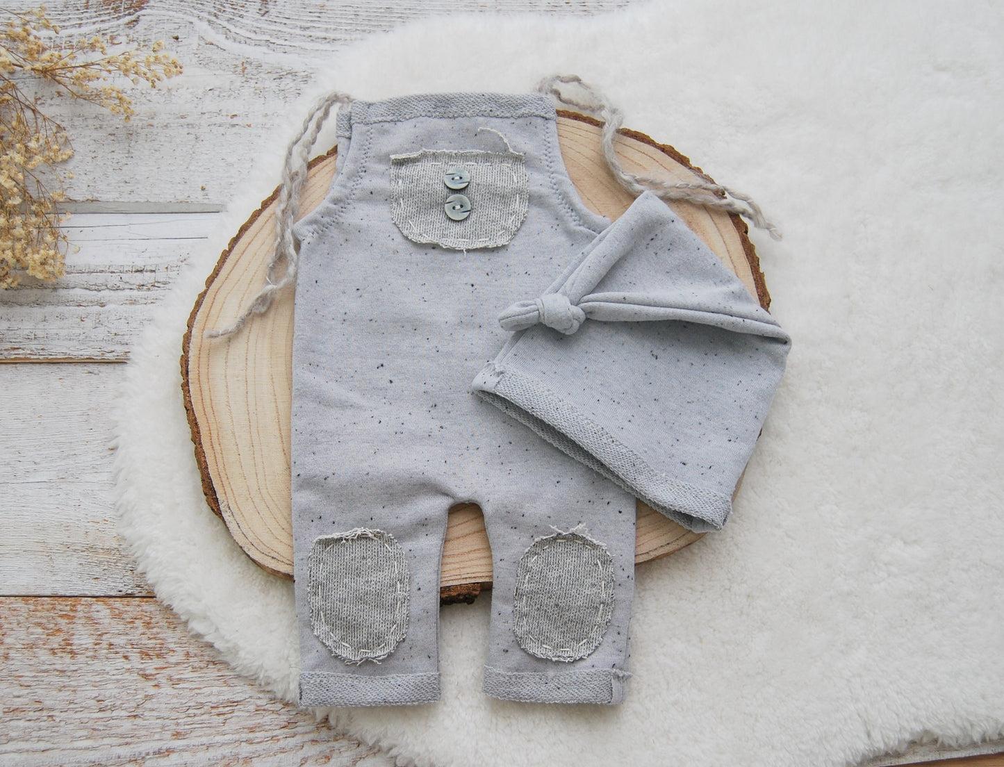 Gray baby romper with matching sleepy hat, photography prop