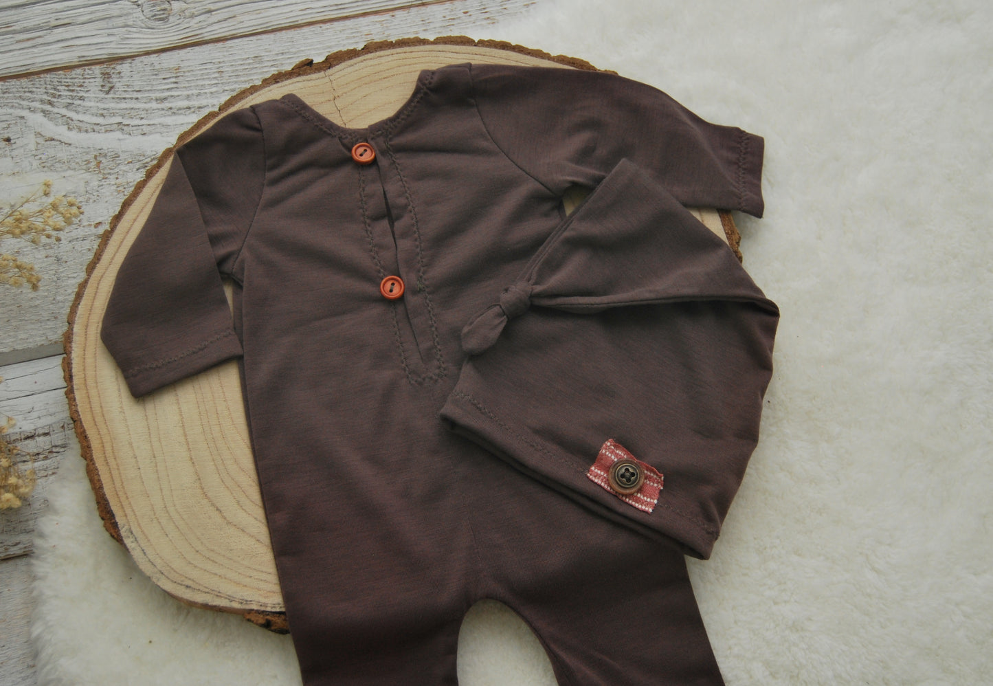 Newborn Boy Photo Outfit in Chocolate Brown – Romper and Hat Set with Pocket Detail
