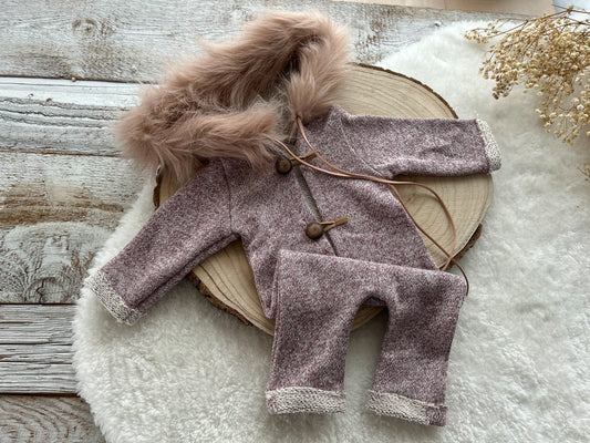 Newborn Photography Outfit Baby Boy Romper With Fur Hood Newborn Photo Prop Romper