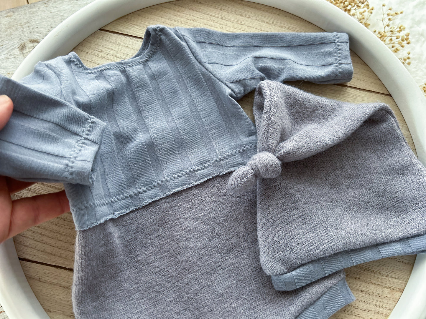 Newborn romper with matching knot hat for boys and girls