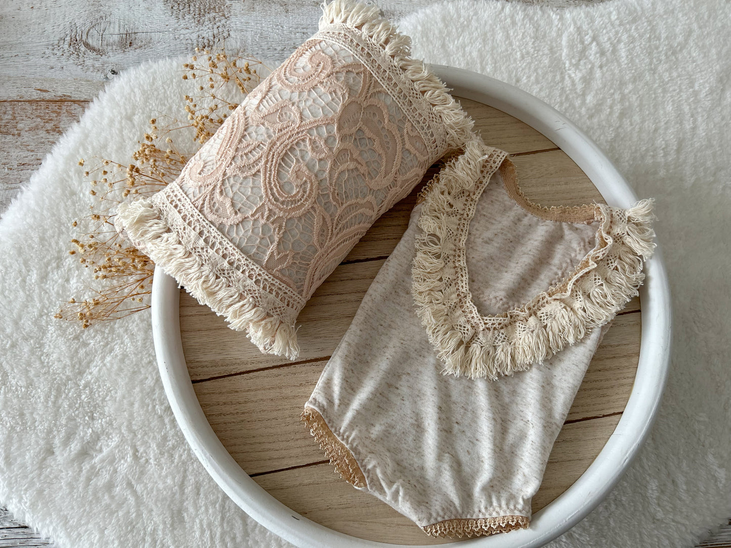 Newborn romper and matching pillow with boho lace