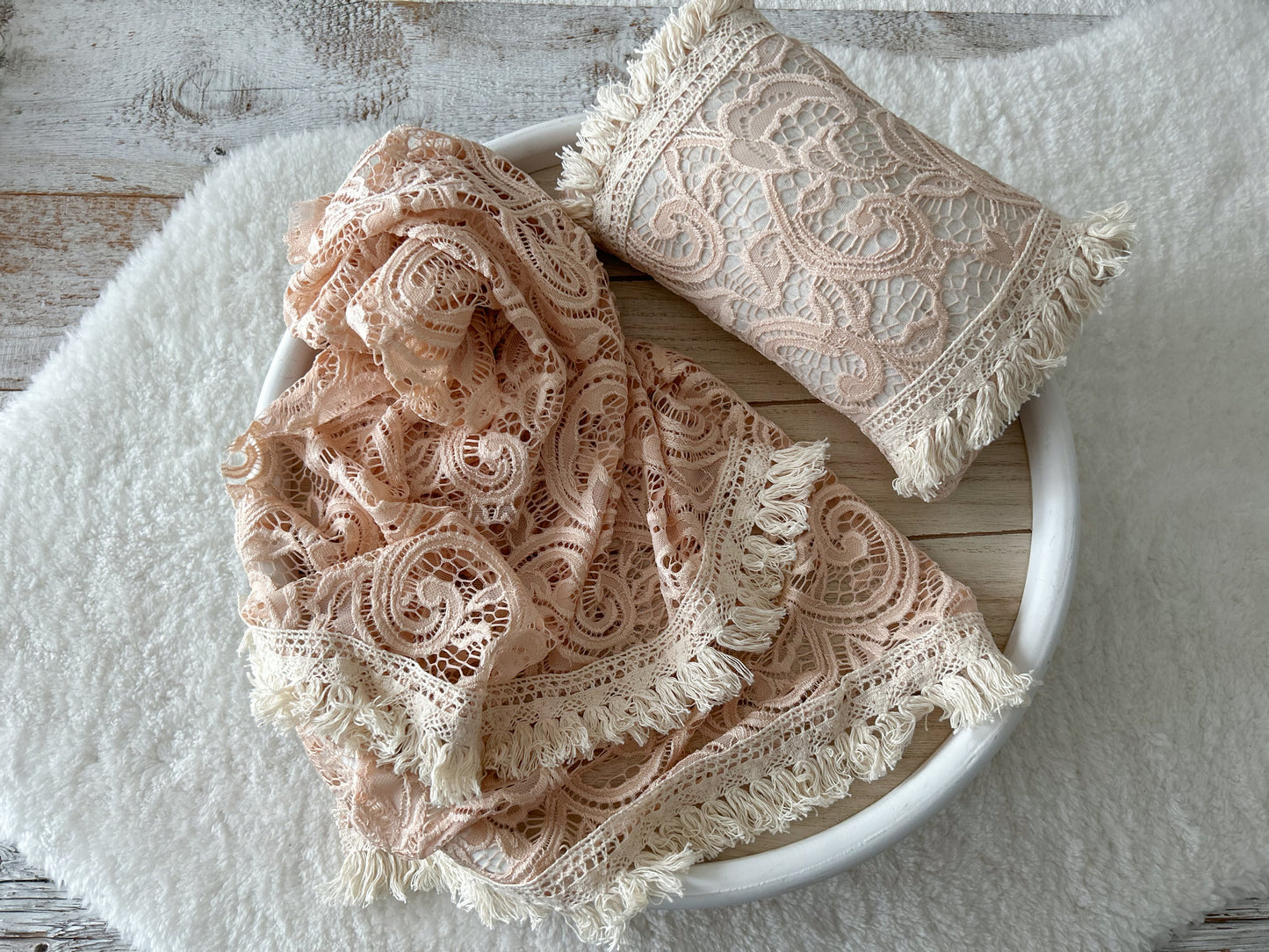 Newborn photo pillow made of lace with matching lace wrap or lace layer with fringes bohemian style photo props