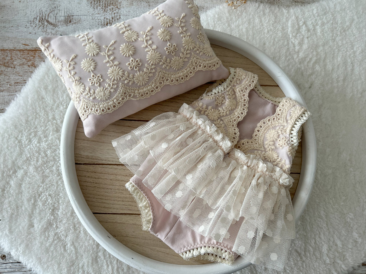 Newborn Photo Prop Set – Blush Romper, Embroidered Pillow & Matching Wrap