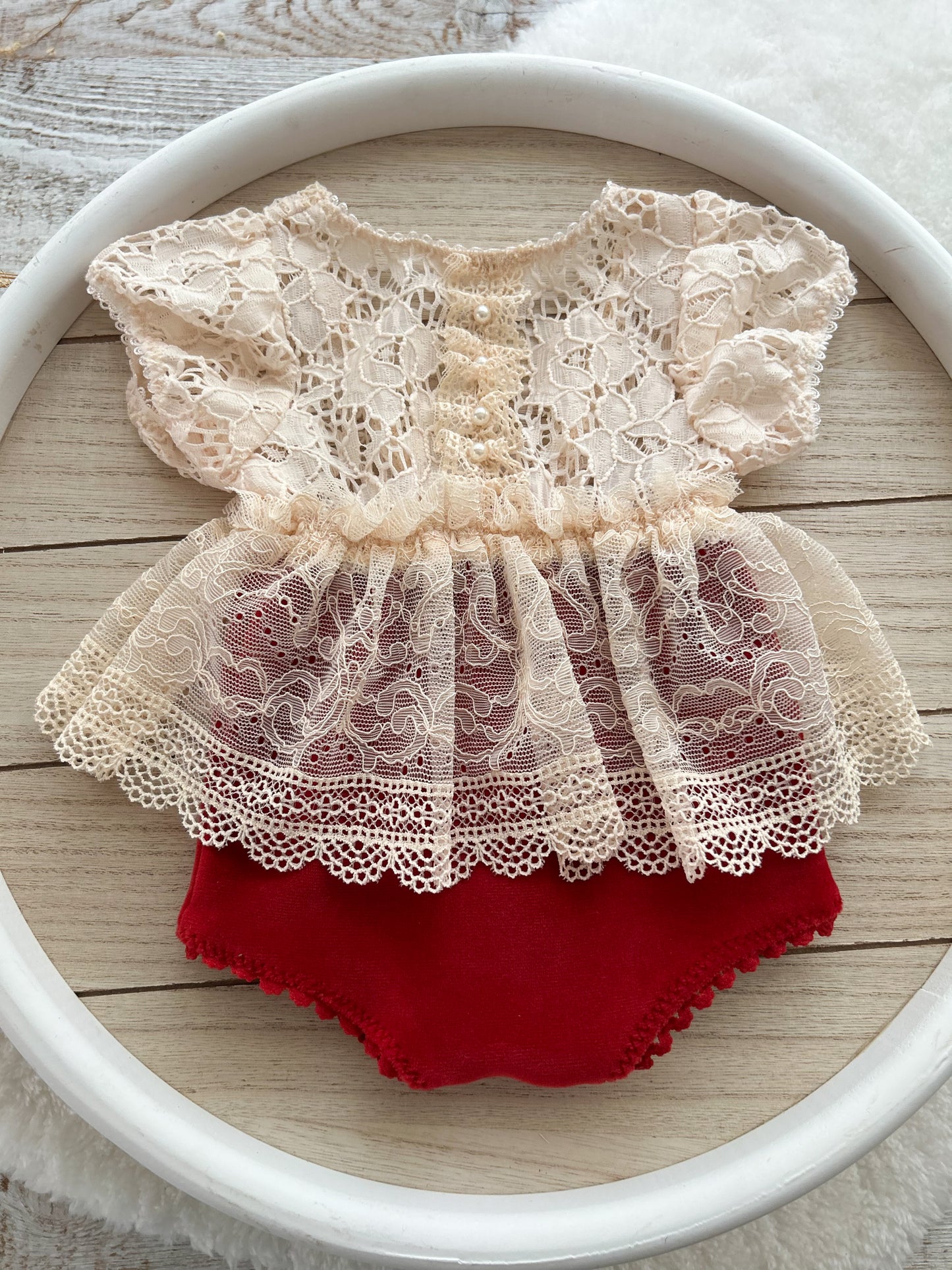 Newborn girl romper in red lace for photography