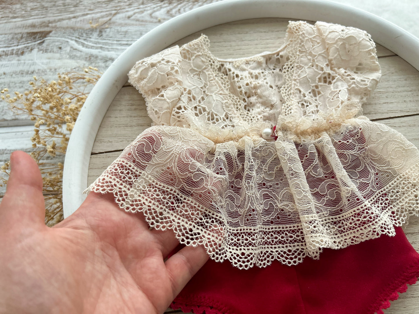Newborn girl photo outfit cream lace and red velvet, perfect for Christmas or festive photo sessions