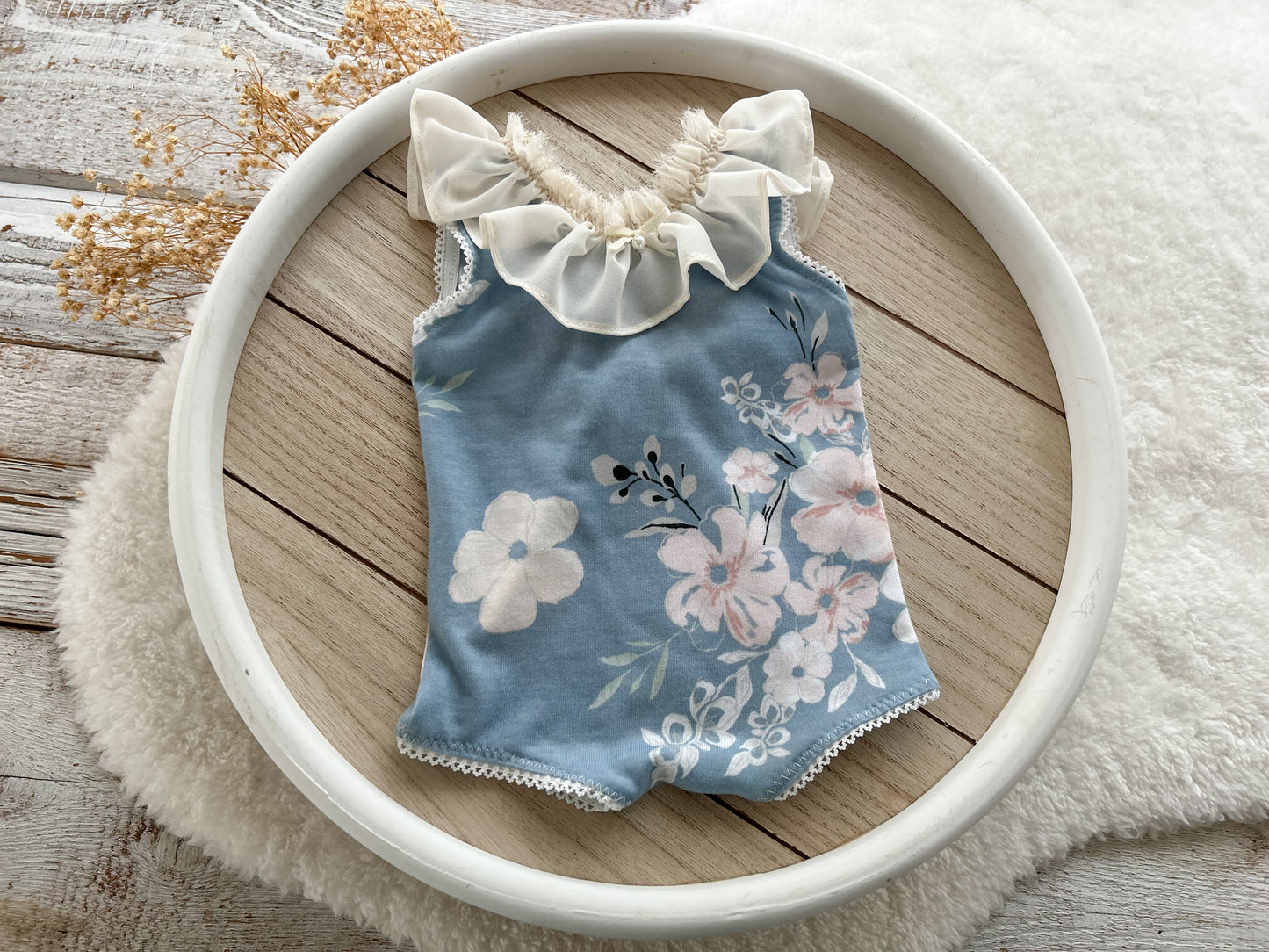 Blue Floral Romper and Pillow for Newborn Photography - Baby girl Photo Outfit