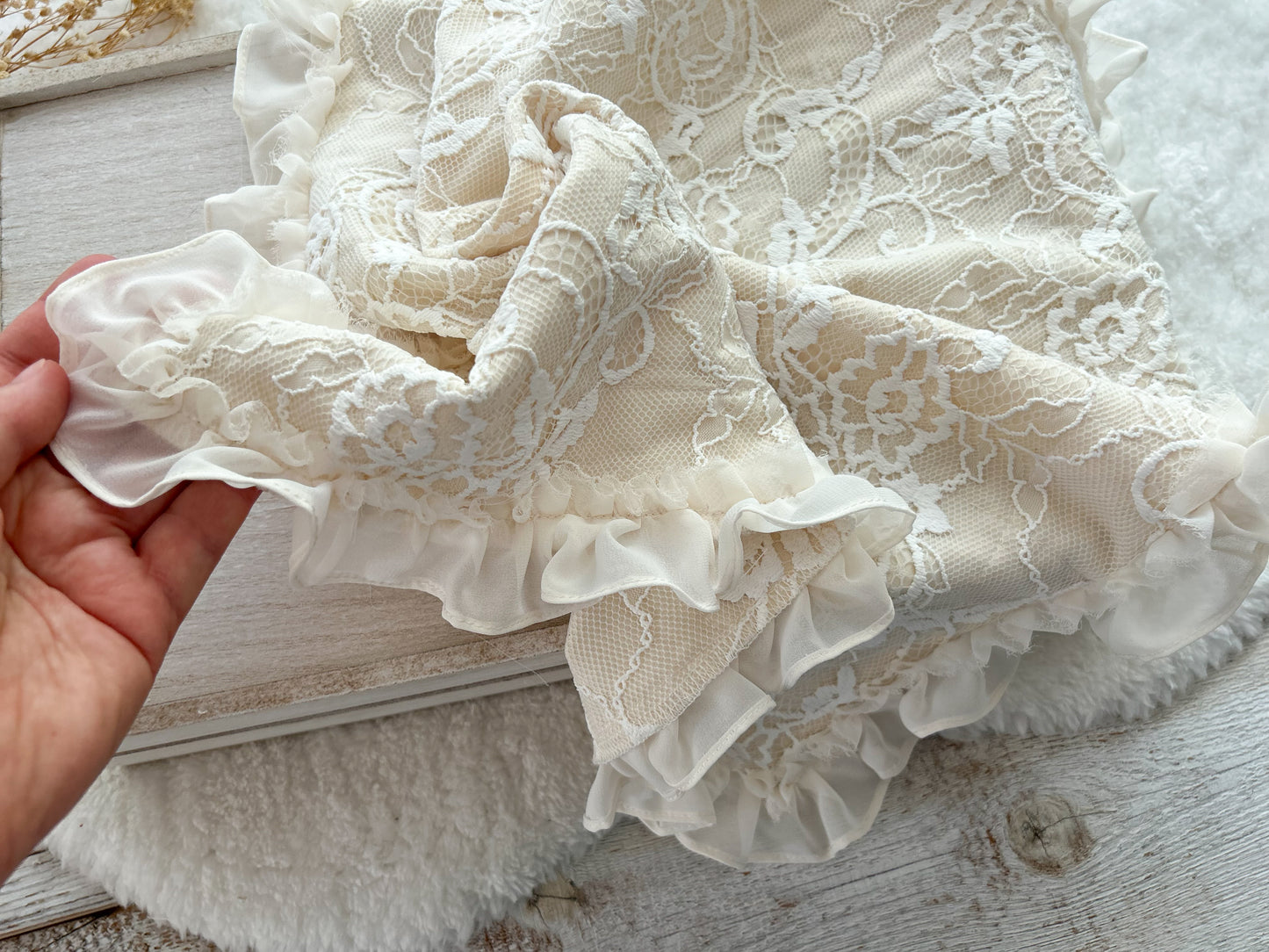 Textured newborn lace blanket with ruffled margins for newborn photography