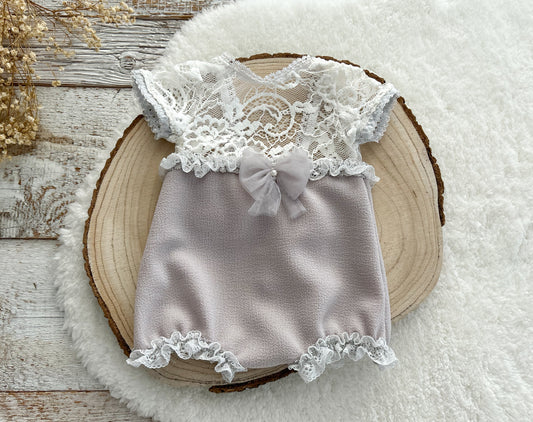 Neutral lace newborn romper, Newborn photo prop, Baby girl outfit for photography, Gray newborn outfit
