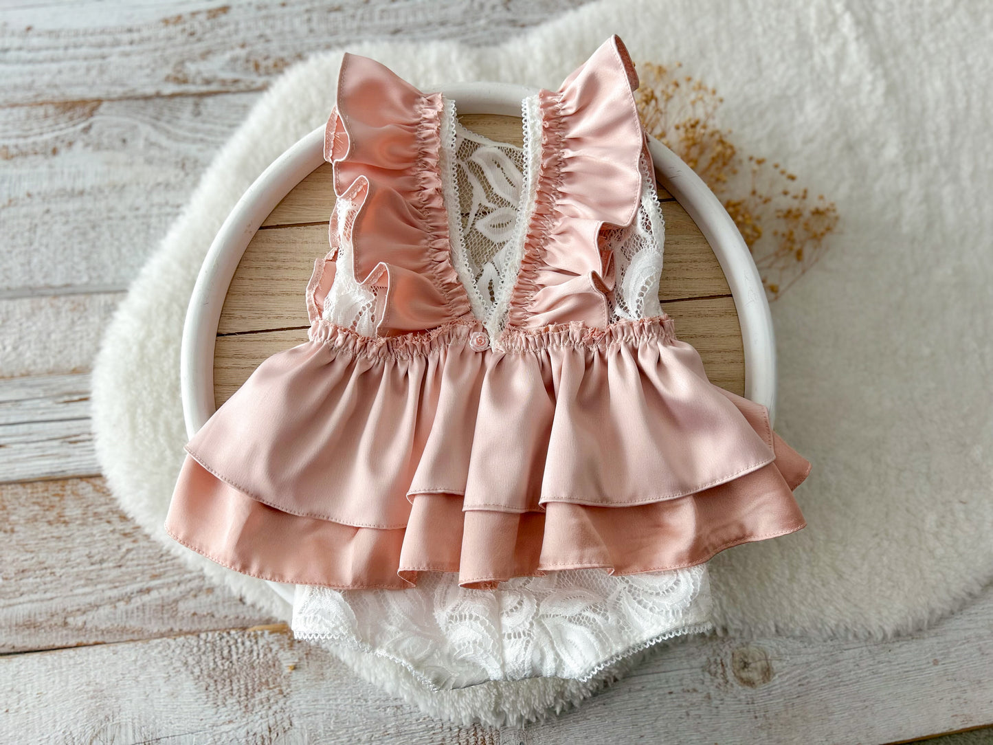 Sitter Romper – Vintage Ruffle Baby Dress for 6–12 Months Peach Satin & Lace