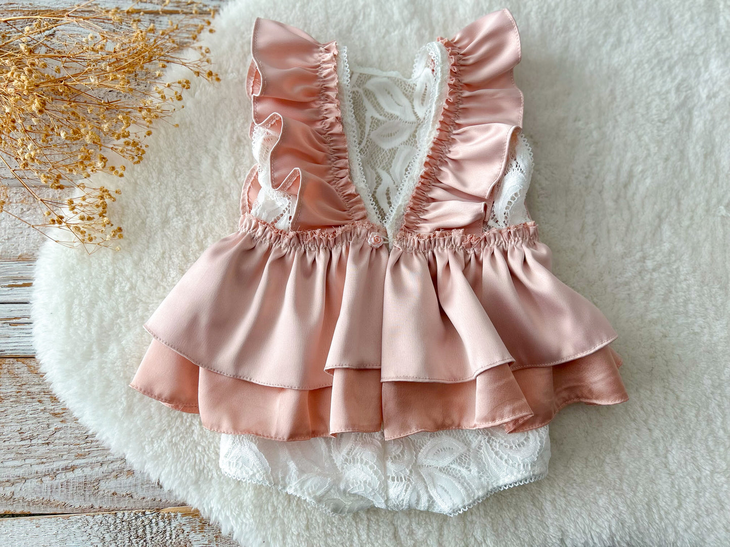Sitter Romper – Vintage Ruffle Baby Dress for 6–12 Months Peach Satin & Lace