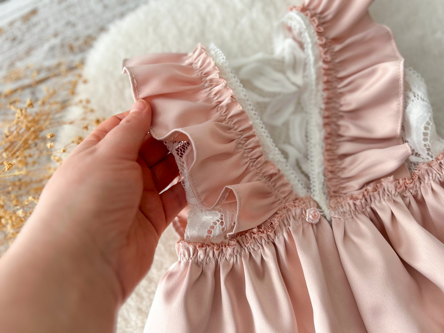 Sitter Romper – Vintage Ruffle Baby Dress for 6–12 Months Peach Satin & Lace