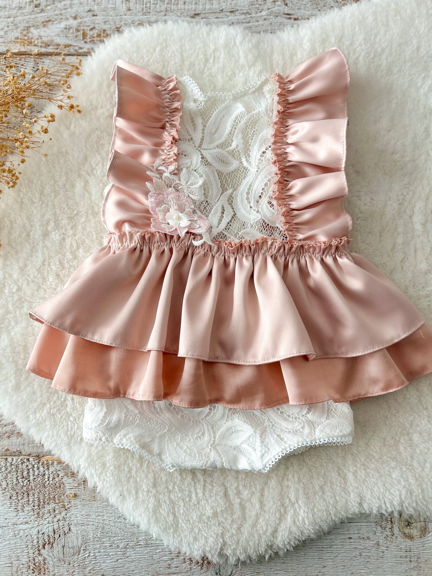 sitter dress for first birthday photo shoots or cake smash sessions, peach pink color, satin ruffles