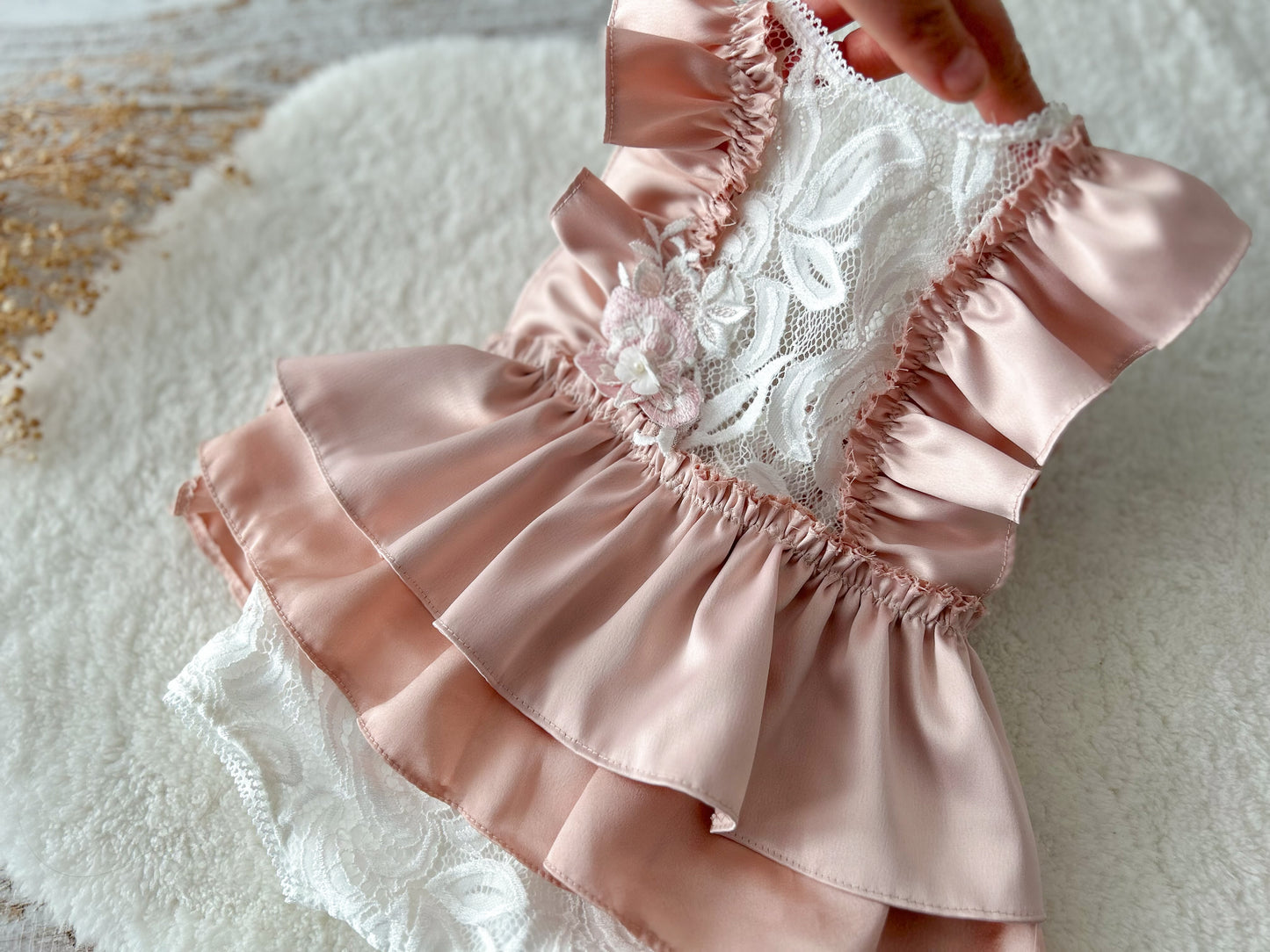 6-12 months dress satin in rose pink white lace sitter romper