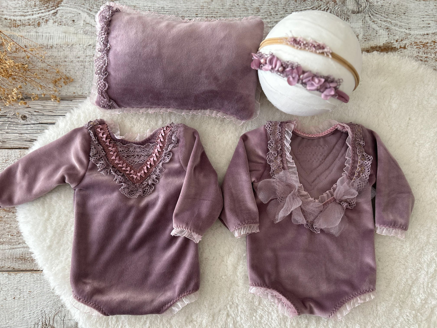 Mauve velvet romper and matching headband for newborn photo shoot
