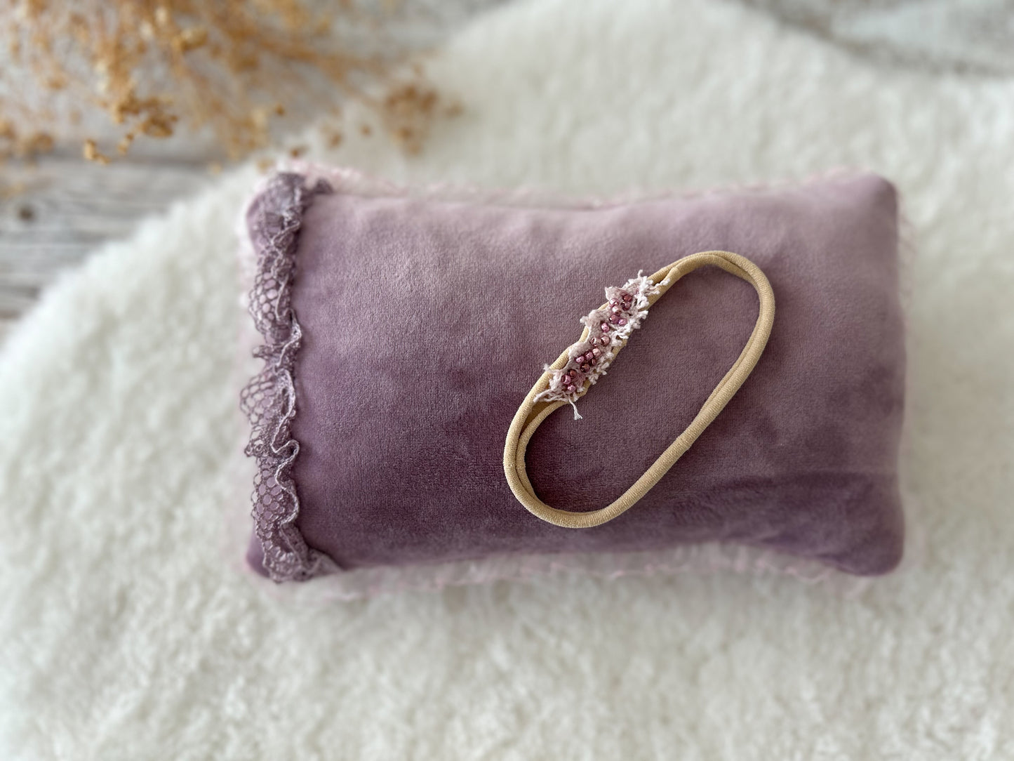 Newborn photo pillow and headband with pearl beads