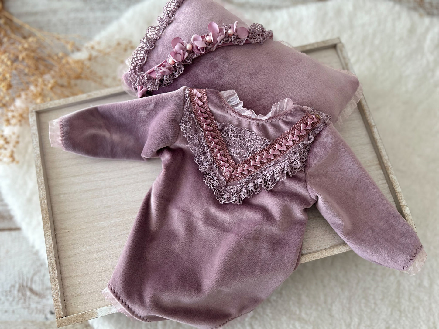 Full set: velvet romper with matching pillow and headband