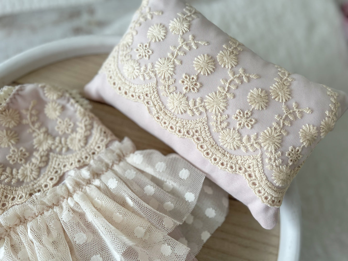 Newborn posing pillow in boho style for newborn photo shoots, lace newborn pillow blush pink vintage lace