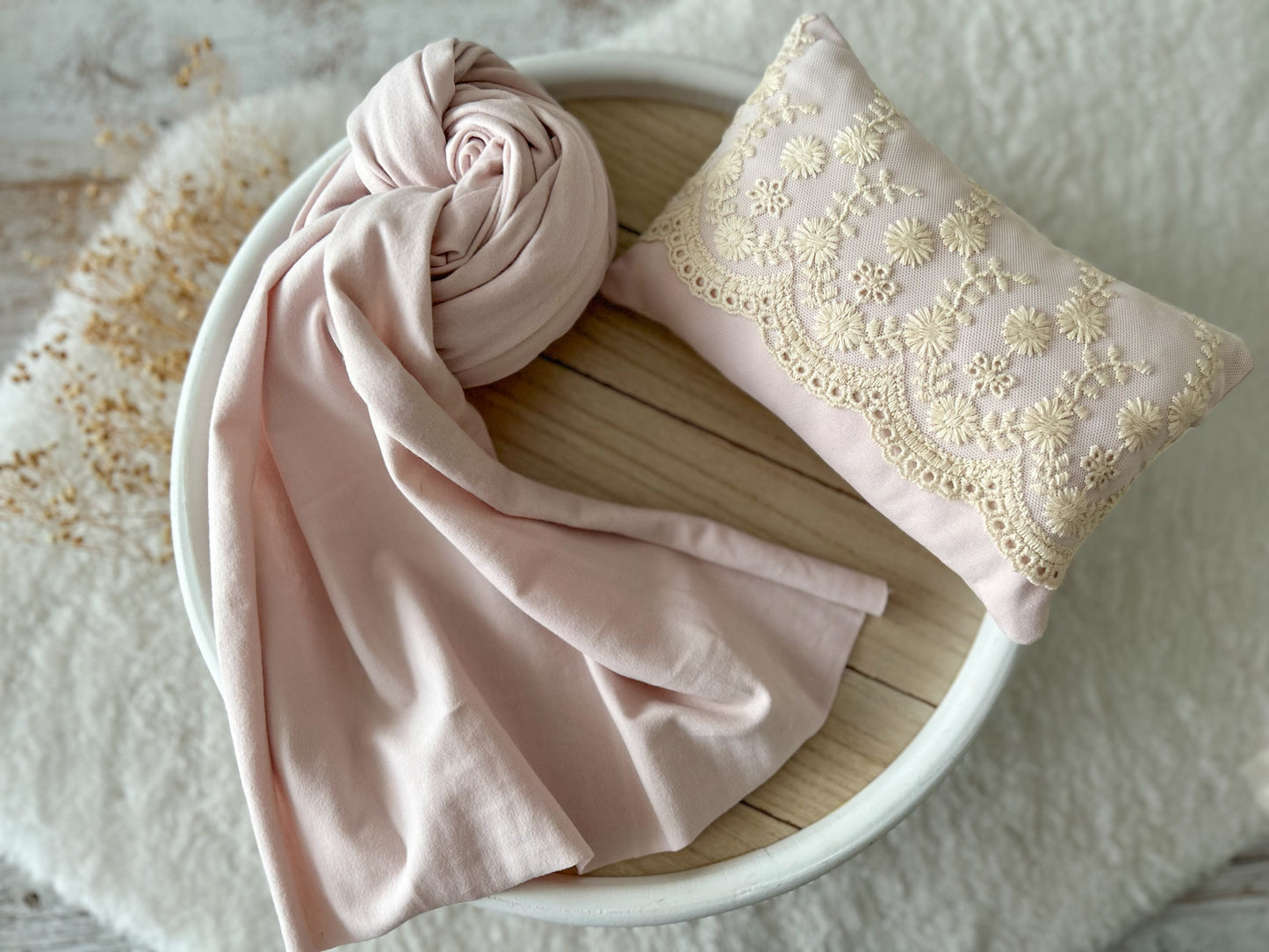 Embroidered pillow and plain back pillow – blush pink newborn prop accessories