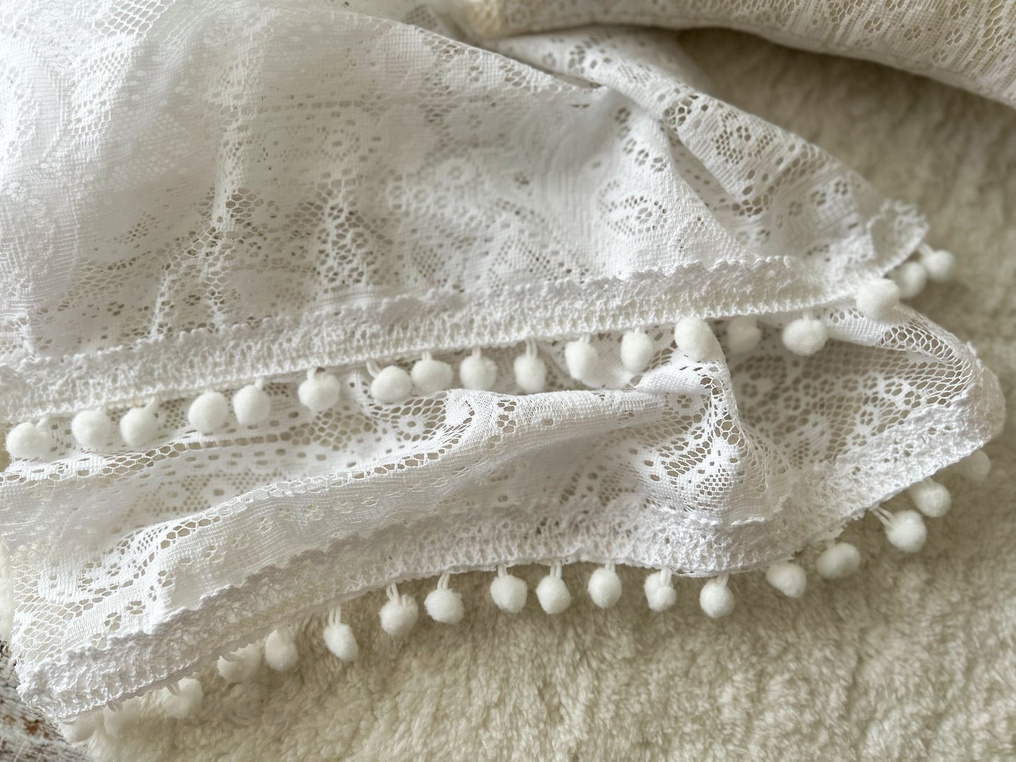 White lace wrap and pillow set with pom pom trim – newborn photography props