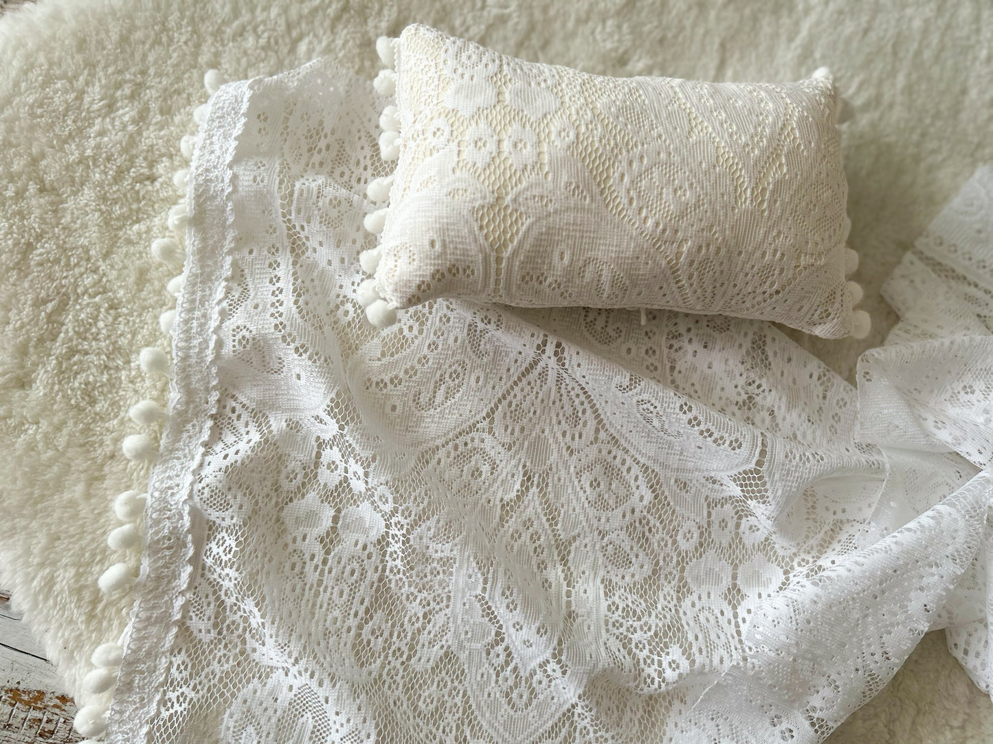 White lace wrap and pillow set with pom pom trim – newborn photography props