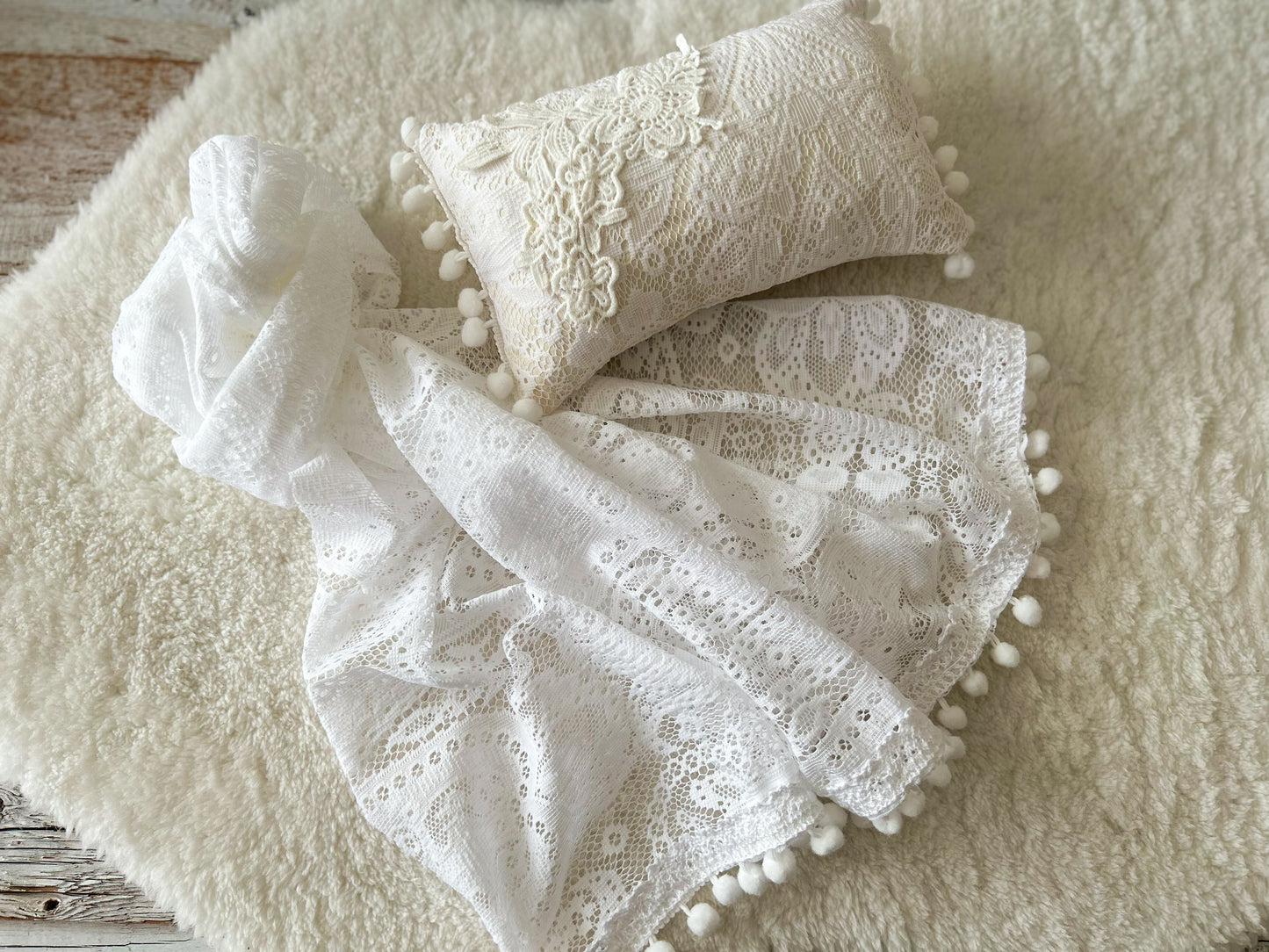 White lace wrap and pillow set with pom pom trim – newborn photography props