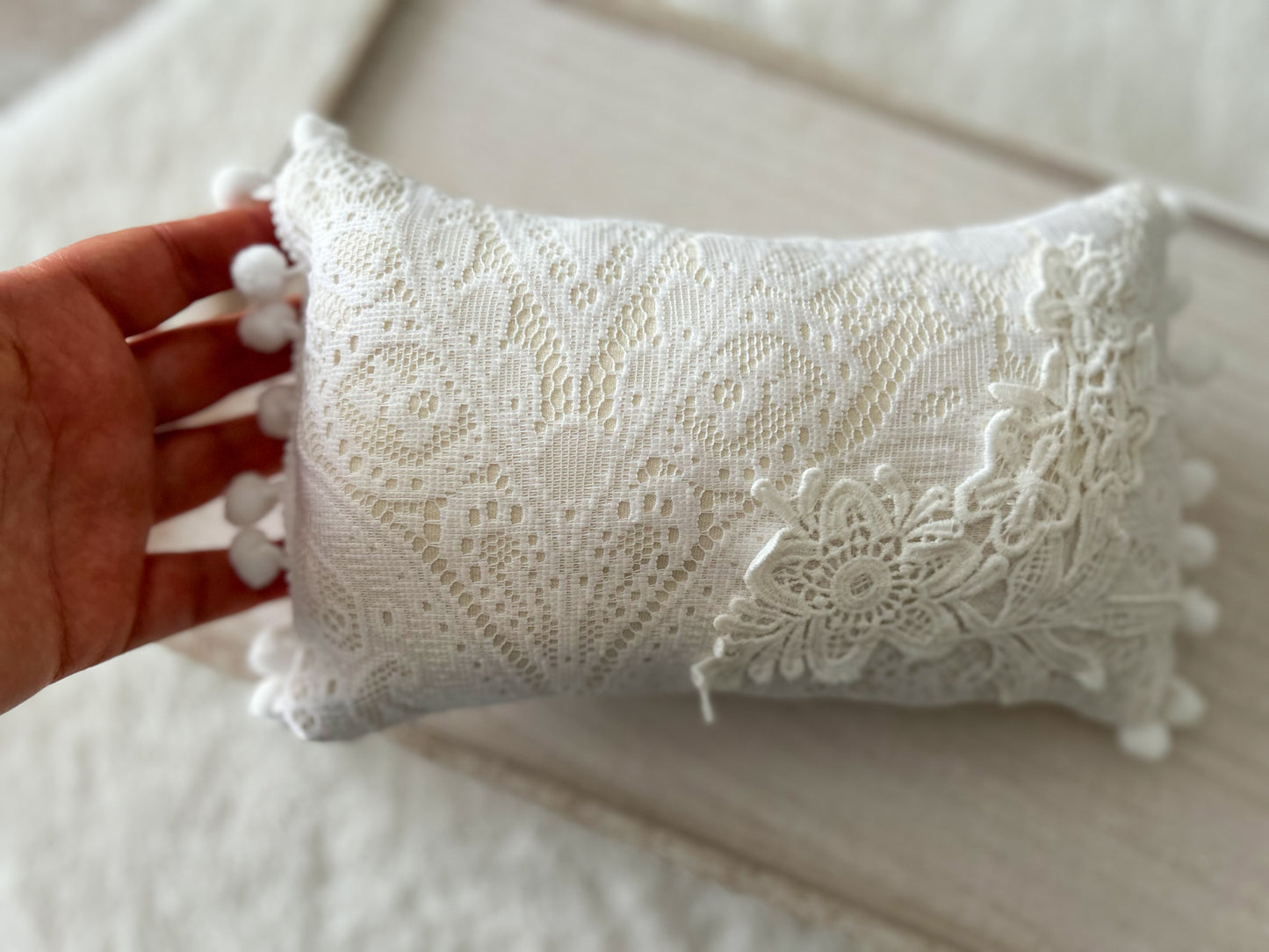 White lace wrap and pillow set with pom pom trim – newborn photography props