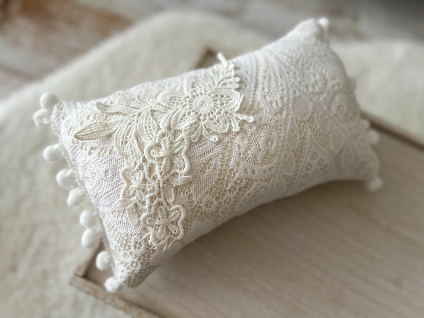 White lace wrap and pillow set with pom pom trim – newborn photography props