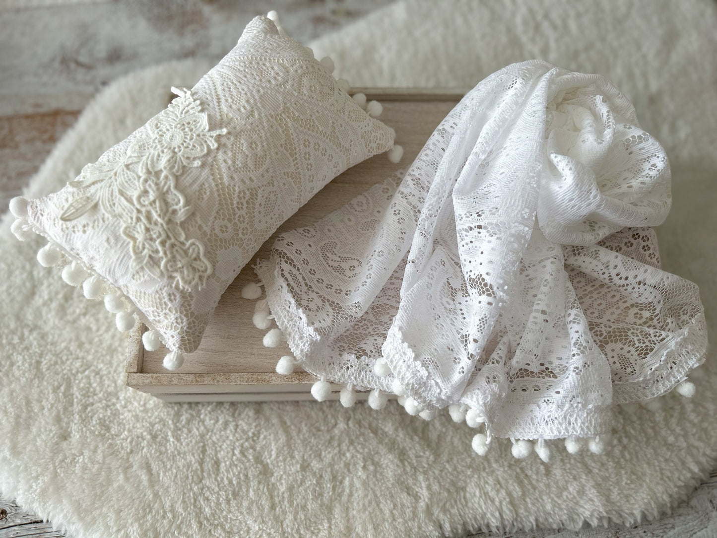 White lace wrap and pillow set with pom pom trim – newborn photography props