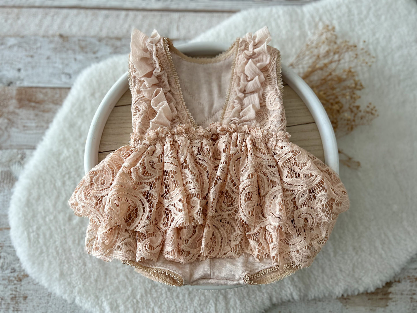 Sitter photo romper with lace ruffles in pinky beige color perfect for milestone photo shoots, birthday party or special occasion outfit