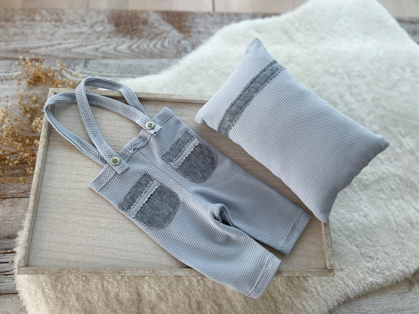 Newborn boy suspender pants and posing pillow in light blue gray color with texture