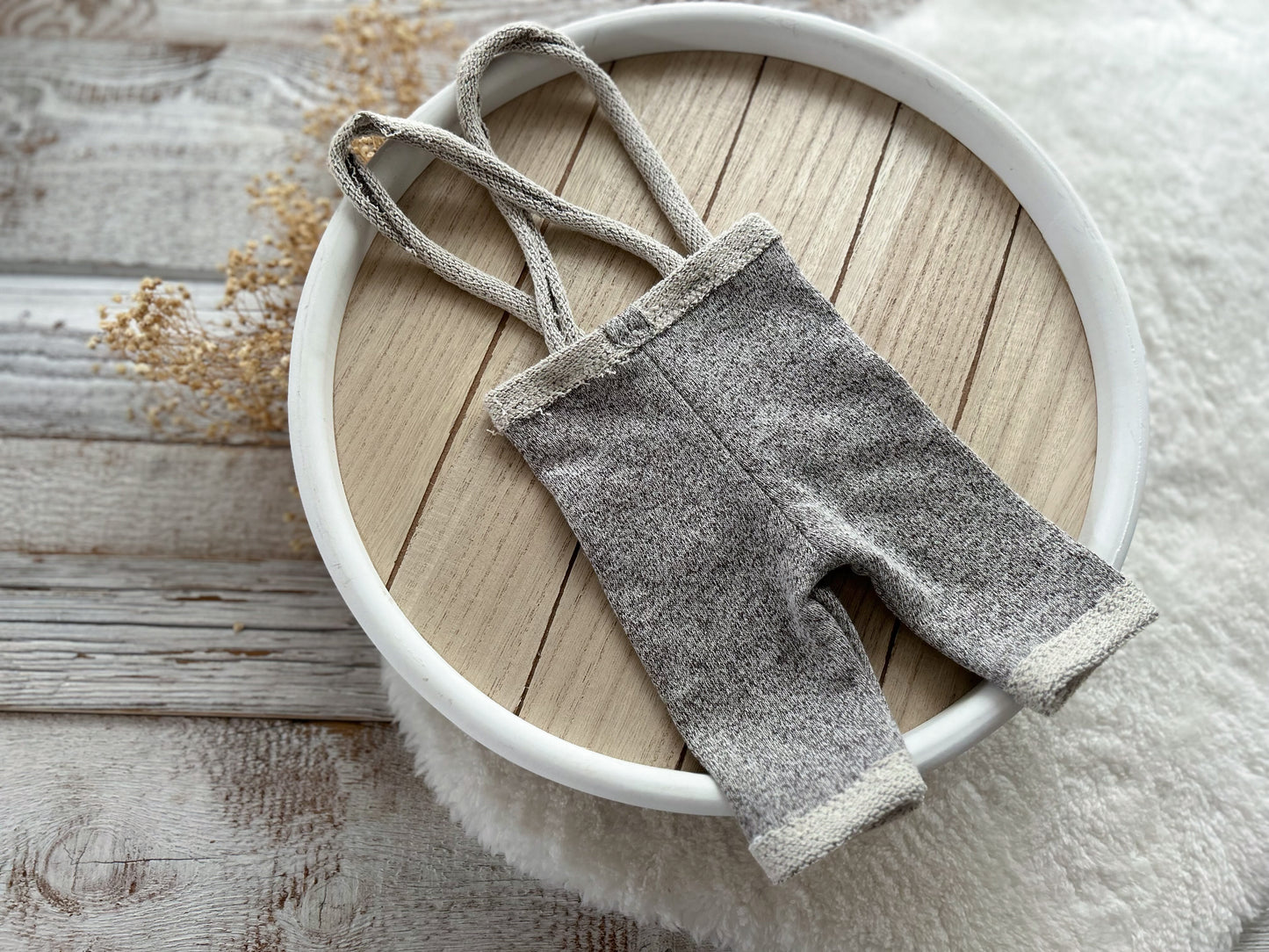 Newborn Boy Photo Outfit – Gray Romper, Pants with Suspenders & Cap