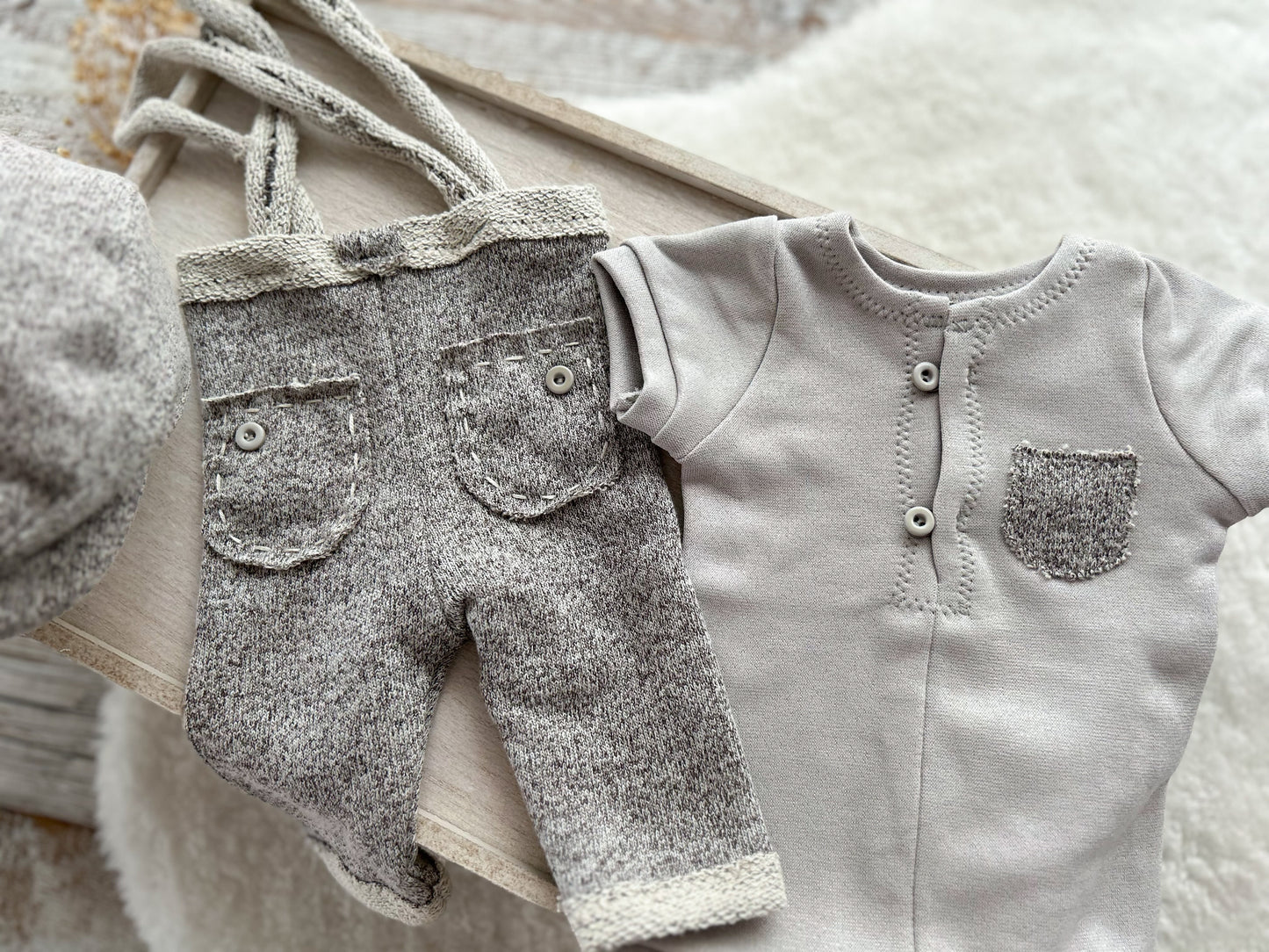 Newborn Boy Photo Outfit – Gray Romper, Pants with Suspenders & Cap