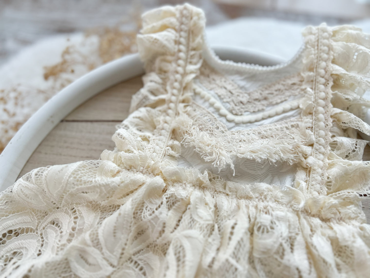 Bohemian style sitter cake smash outfit with fringes and lace
