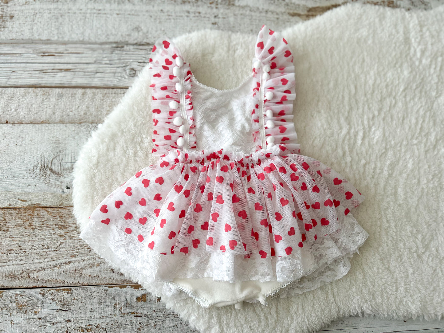 Sitter photography outfit, white lace dress with red heart pattern, bohemian style baby girl romper