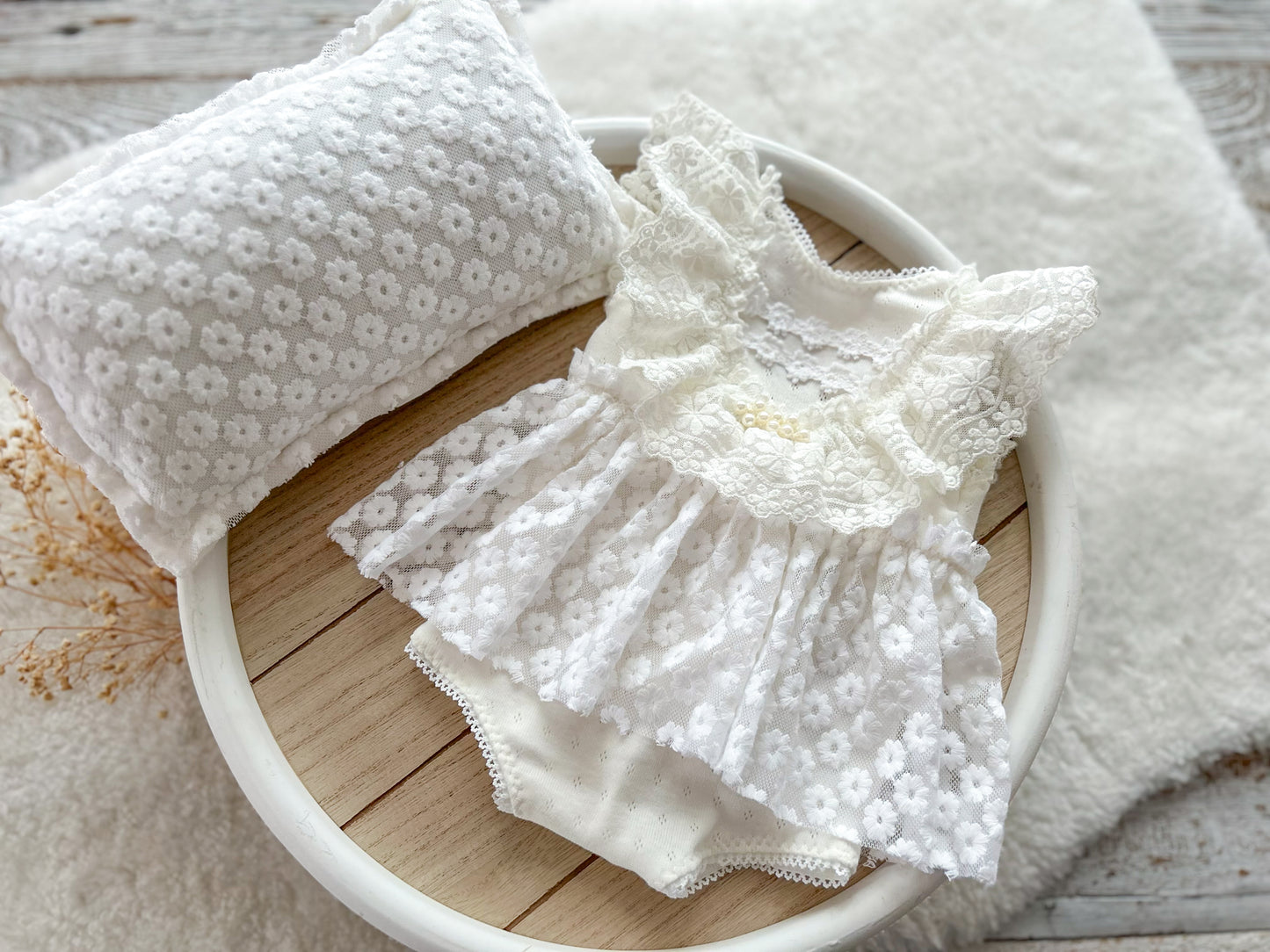 Newborn photography romper and posing pillow, baby shower gift, white lace prop