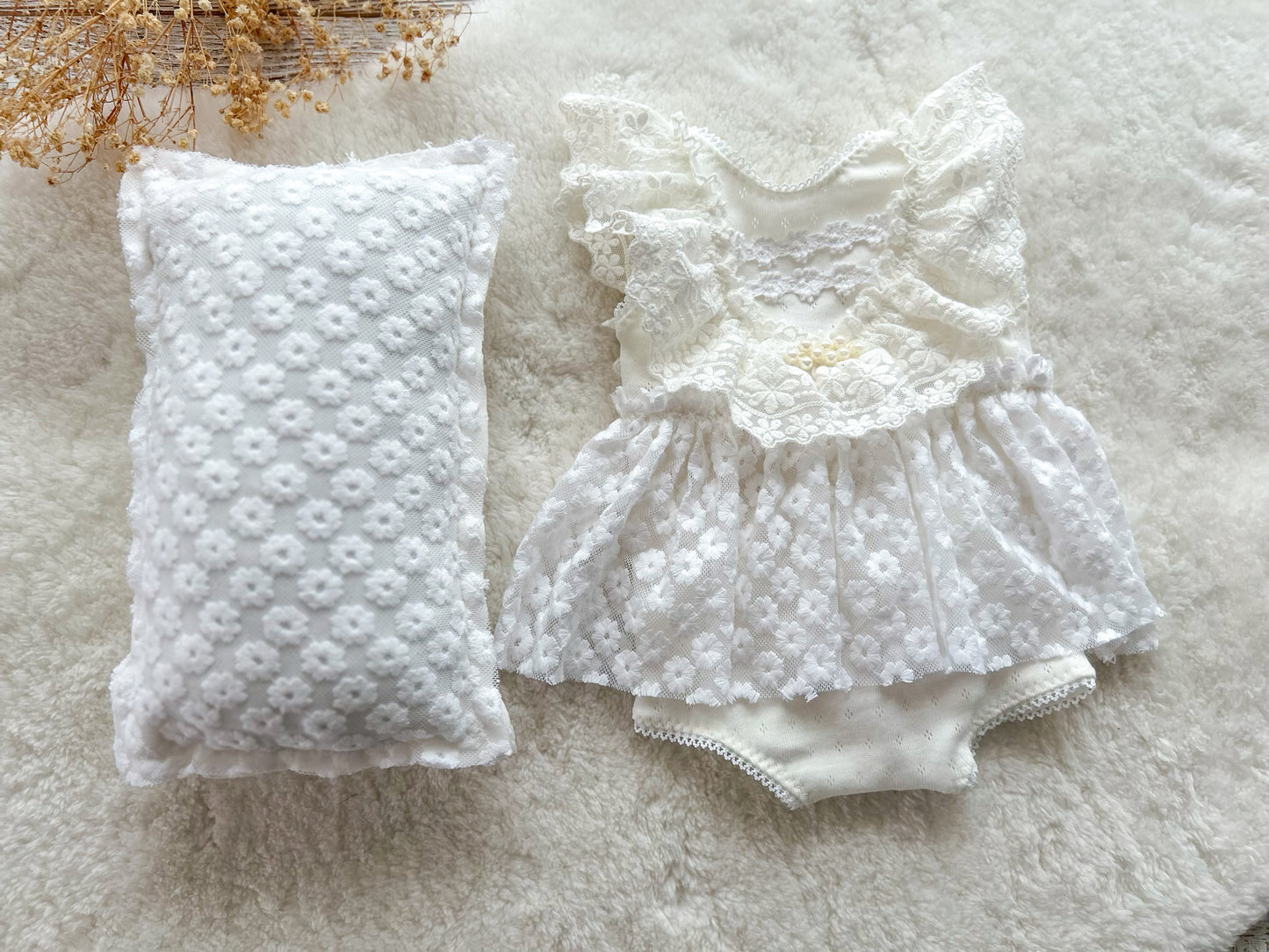 White Lace Baby Girl Dress for Newborn Photography - Boho Newborn Romper