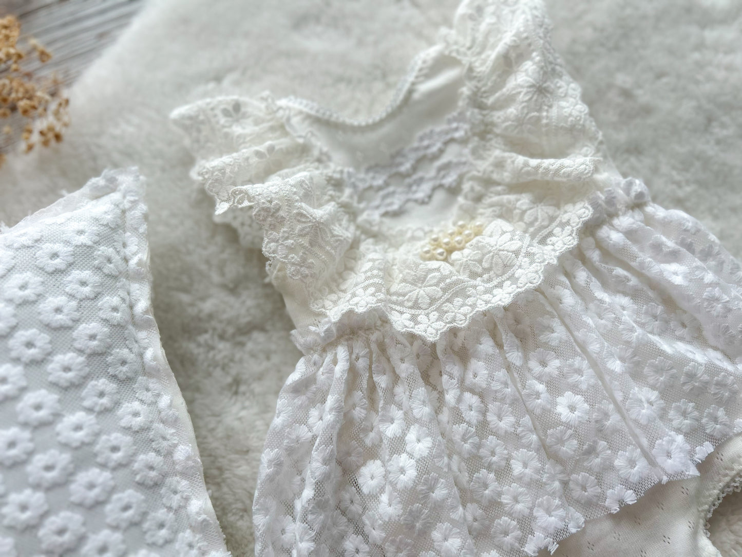 White Lace Baby Girl Dress for Newborn Photography - Boho Newborn Romper