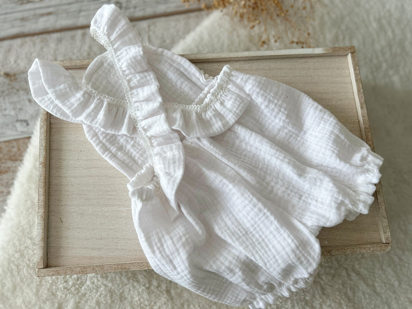 SITTER Girl Romper White Muslin with Red Floral Lace - Photography Outfit