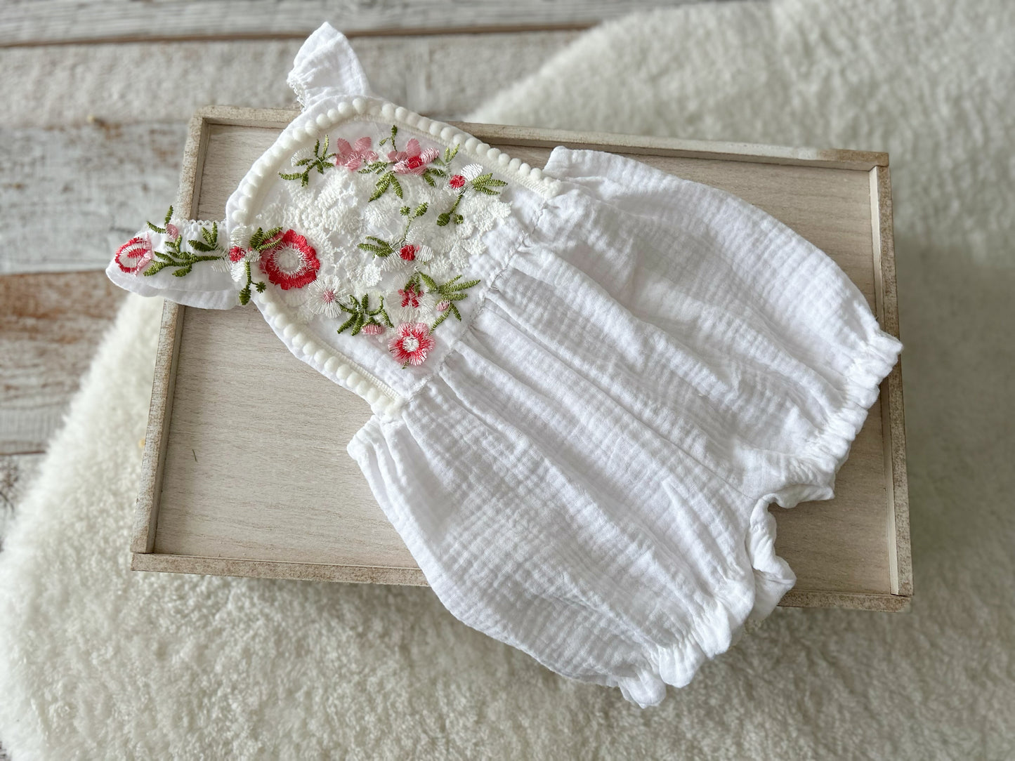 SITTER Girl Romper White Muslin with Red Floral Lace - Photography Outfit
