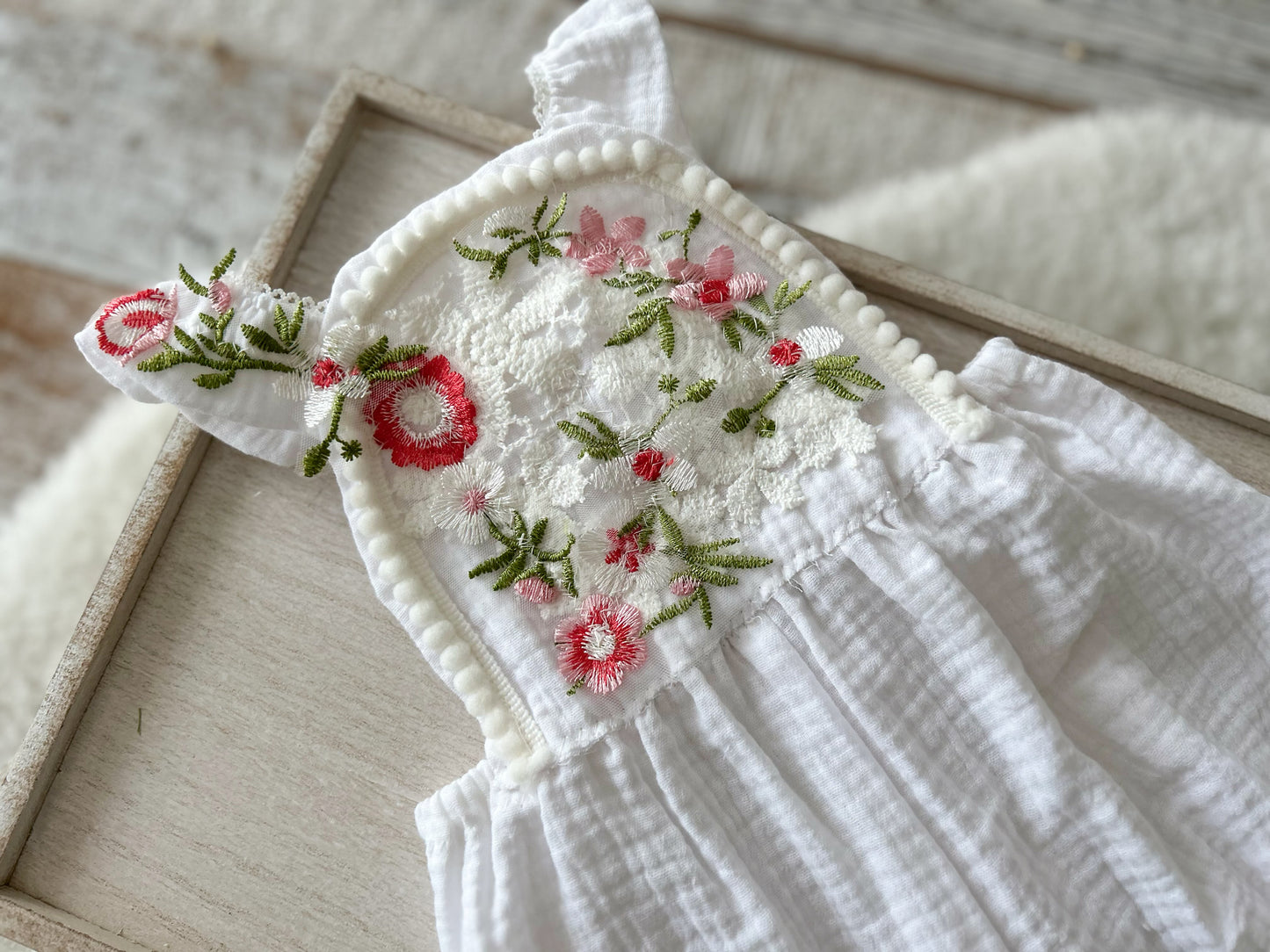 SITTER Girl Romper White Muslin with Red Floral Lace - Photography Outfit