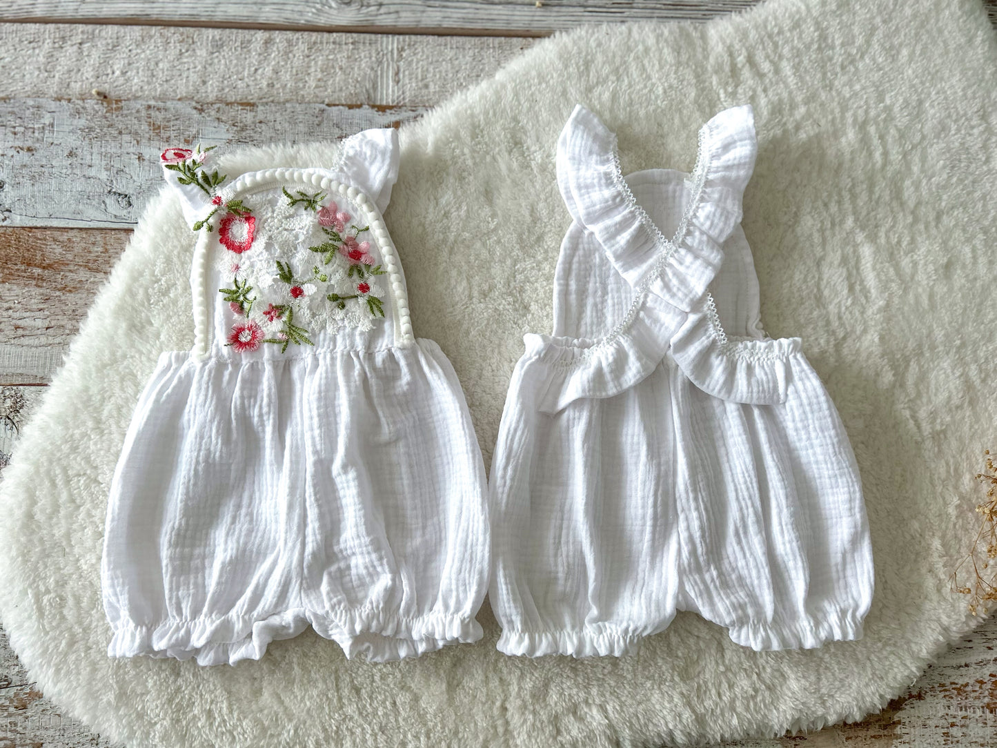 SITTER Girl Romper White Muslin with Red Floral Lace - Photography Outfit