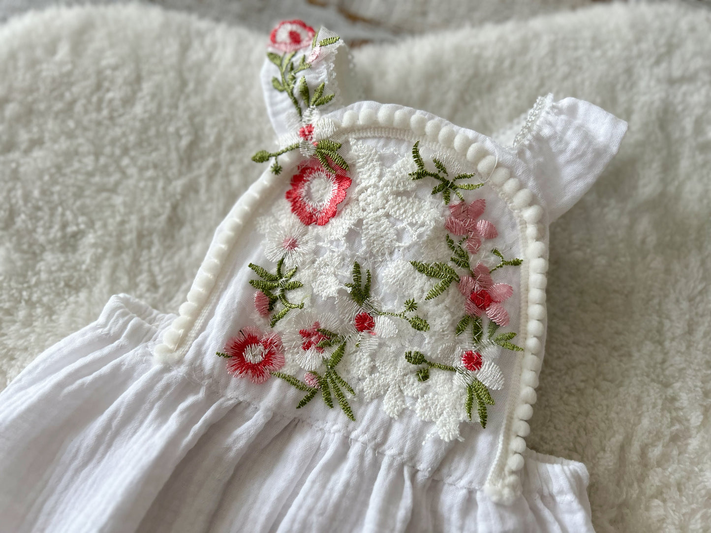 SITTER Girl Romper White Muslin with Red Floral Lace - Photography Outfit