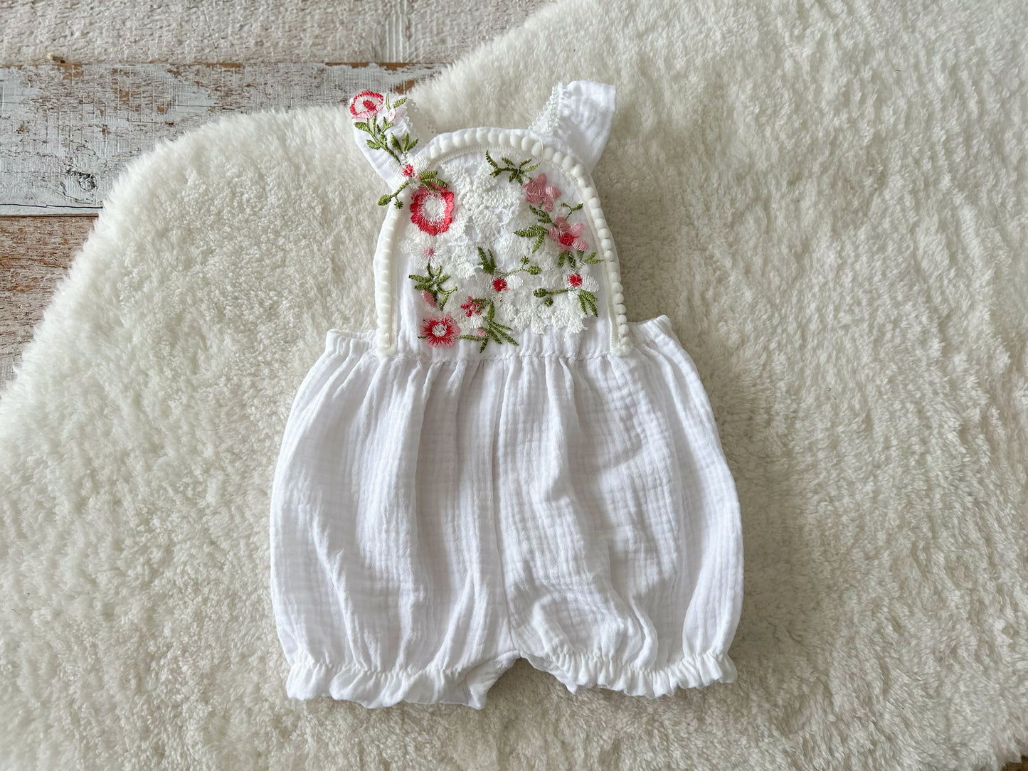 SITTER Girl Romper White Muslin with Red Floral Lace - Photography Outfit