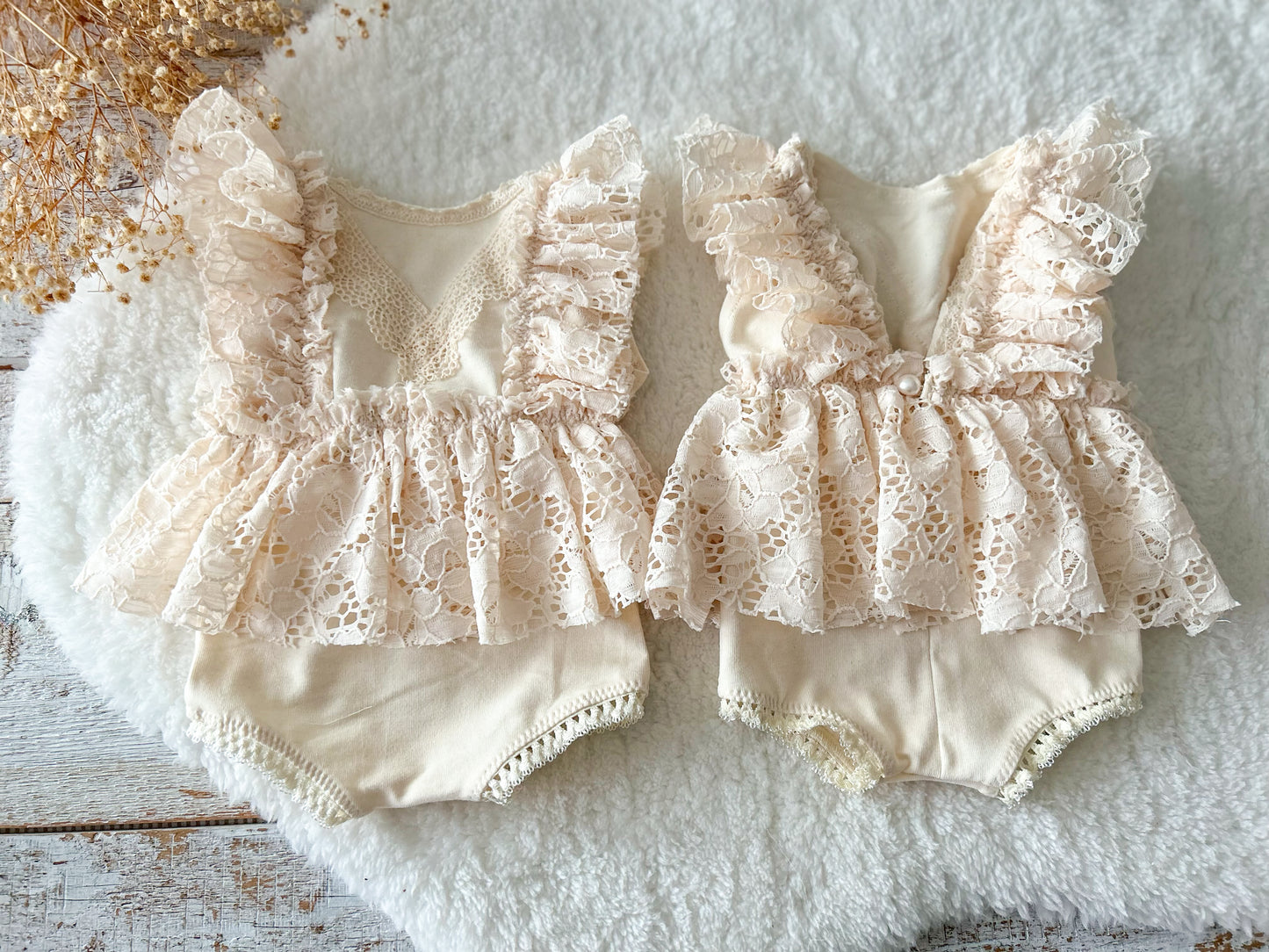 Newborn photo prop outfit in cream color with floral lace and soft cotton fabric