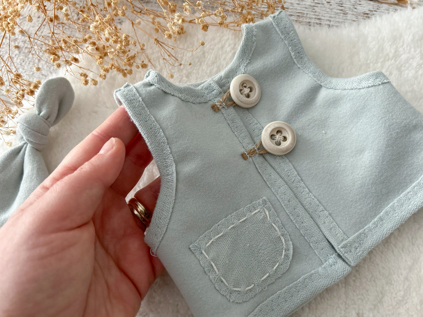 Newborn vest with decorative hand stitches, oversized buttons, newborn boy outfit