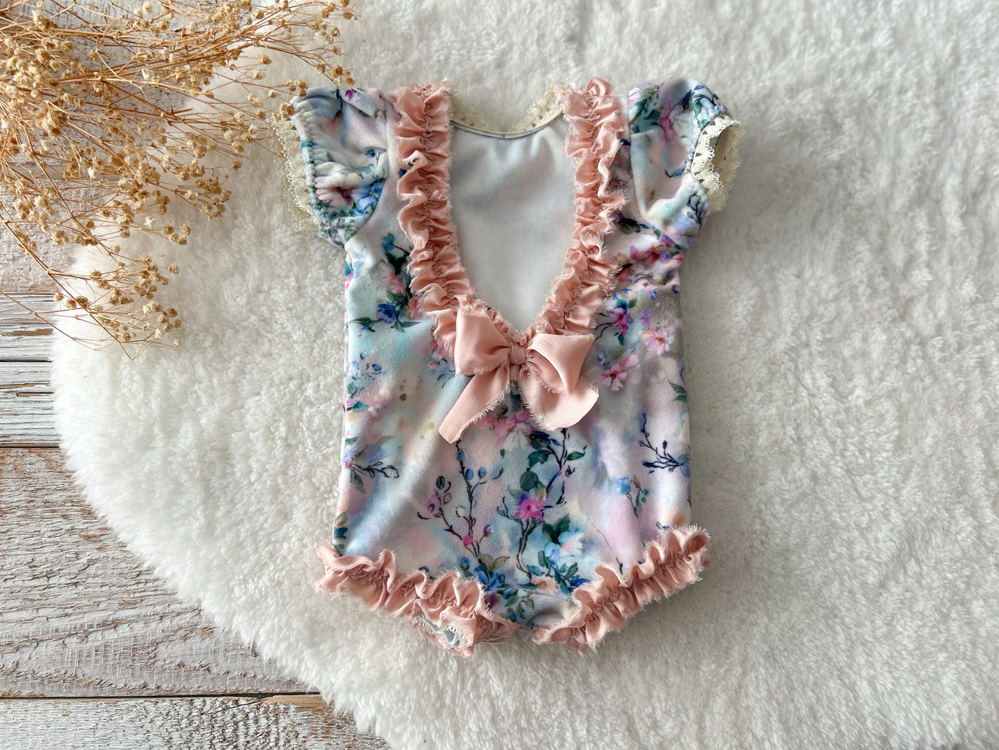 Floral Newborn Girl Romper – Ruffled Baby Photo Outfit with Bow | Choose Your Favorite Design at Checkout