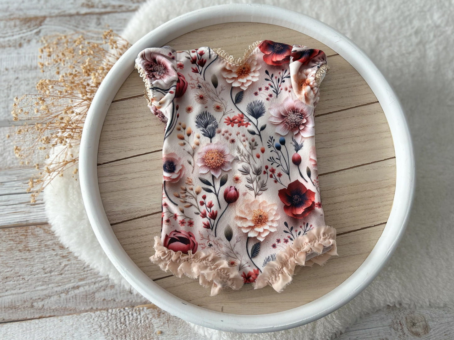 Floral Newborn Girl Romper – Ruffled Baby Photo Outfit with Bow | Choose Your Favorite Design at Checkout
