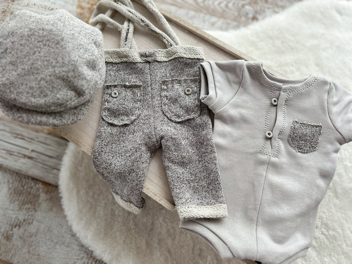 Baby boy photo prop set in neutral gray – romper, pants, and matching cap